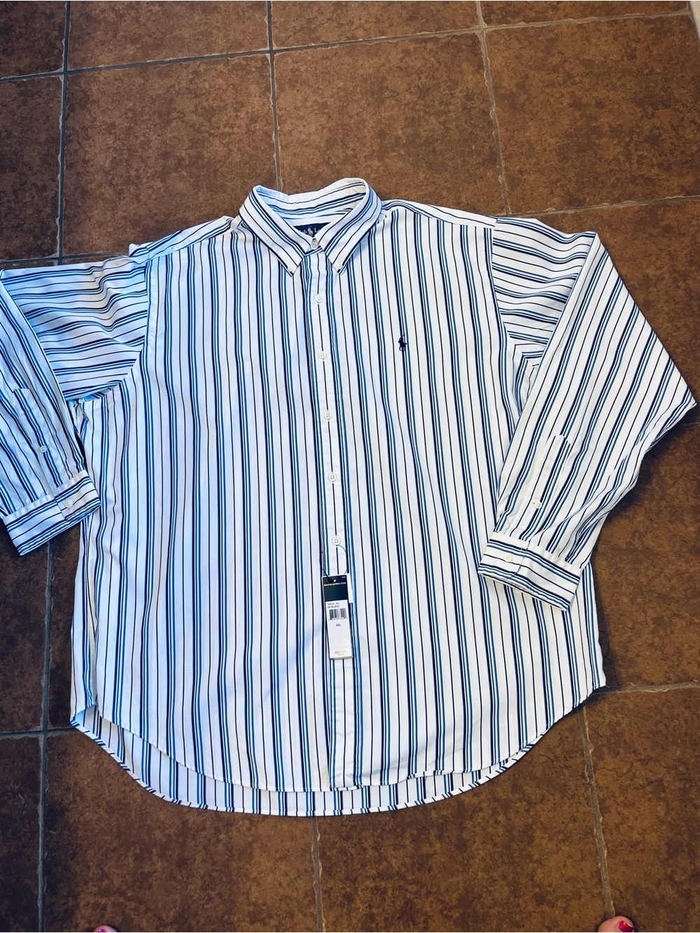 NWT Polo Ralph Lauren White Shirt with Navy & Light Blue Stripes Buttondown